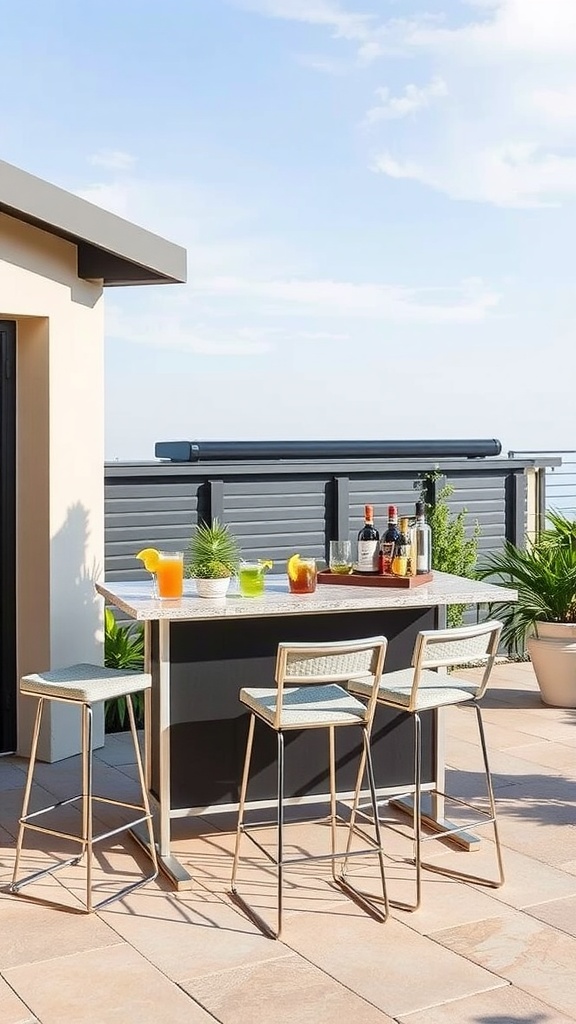 A modern portable outdoor bar with drinks and stools on a back patio.