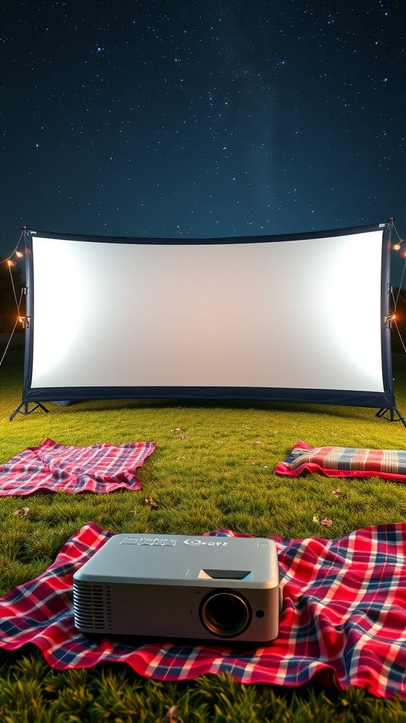 An outdoor movie setup featuring a projector, a large screen, and picnic blankets on grass under a starry night.
