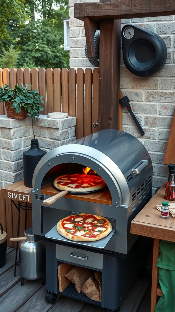A modern portable pizza oven with pizzas cooking inside and on a tray, set up in a small outdoor kitchen.