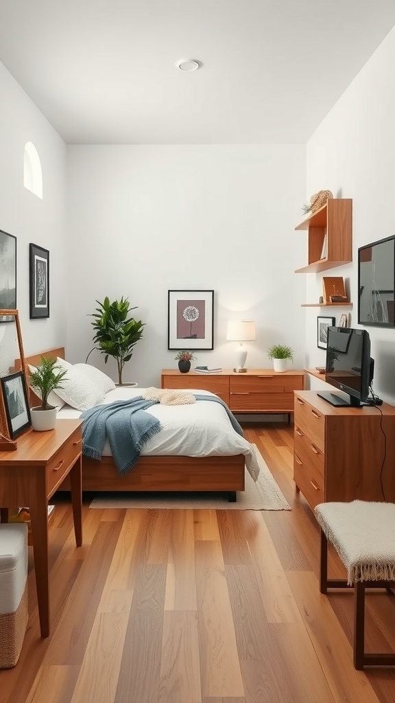 A cozy bedroom with wooden furniture, a bed with a blanket, two nightstands, a dresser, and a plant by the window.