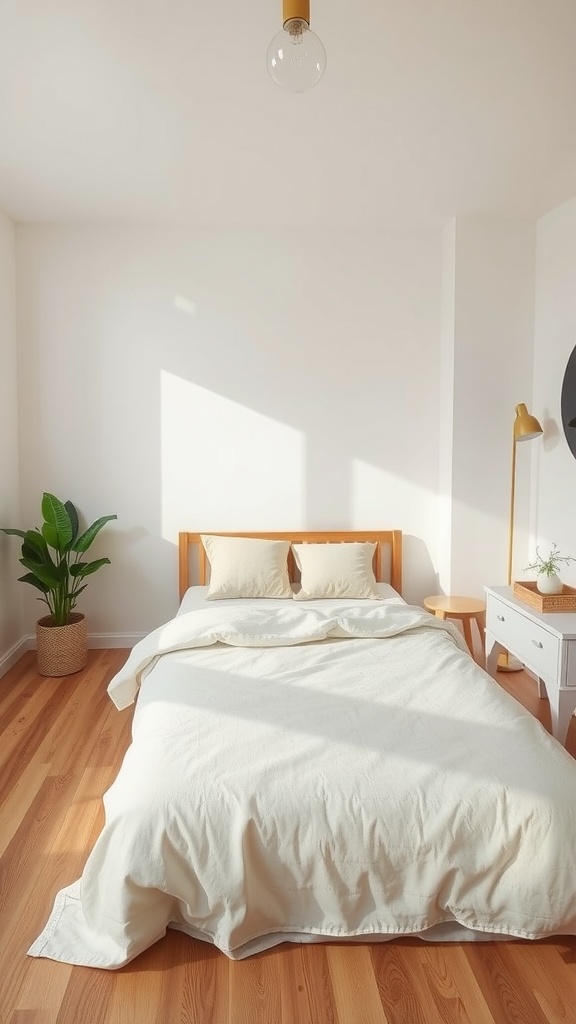 A minimalist bedroom with a bed, potted plant, and warm lighting.
