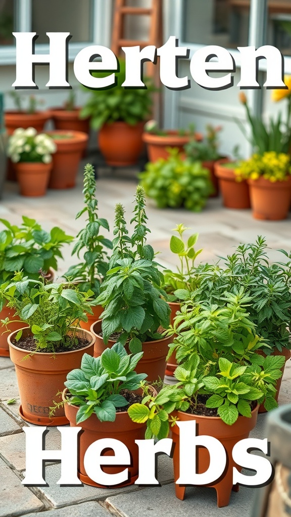 A collection of potted herbs in terracotta pots on a patio