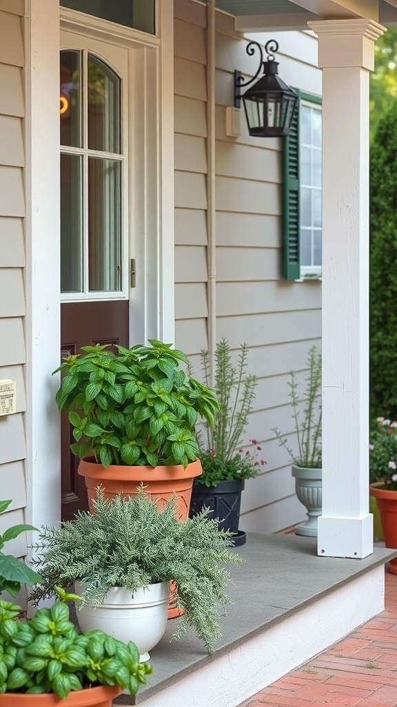 A small front porch with various potted herbs including basil, mint, and rosemary.