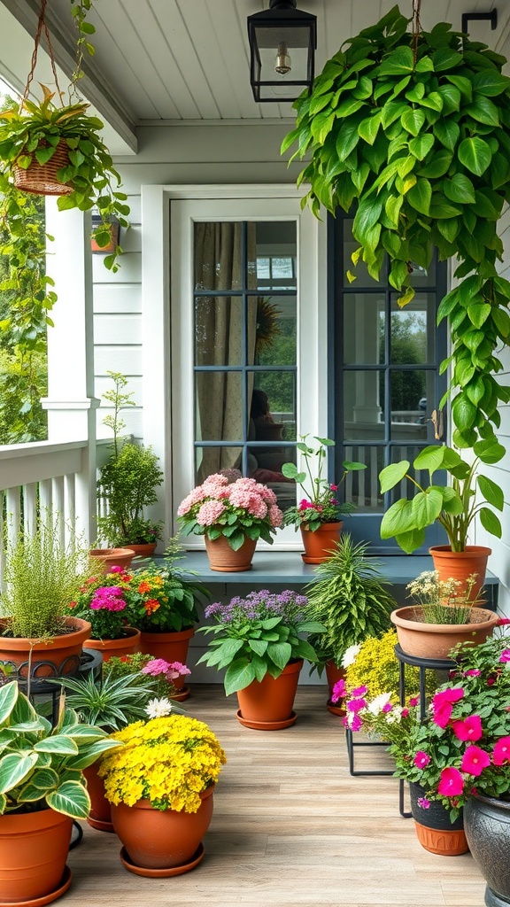 A back porch filled with potted plants in vibrant colors and textures, creating a lively and inviting atmosphere.