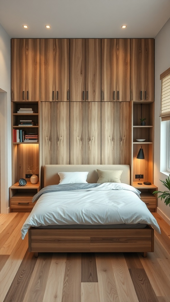 A modern bedroom with wooden storage cabinets, a bed with drawers, and shelves on either side.