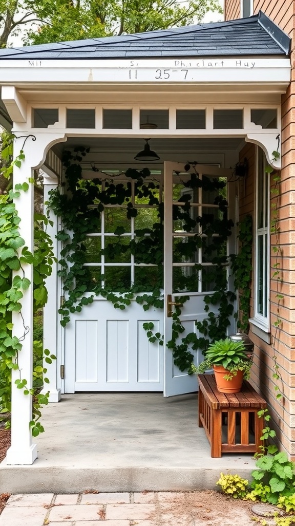 A small porch with a white door, surrounded by greenery and a wooden bench.