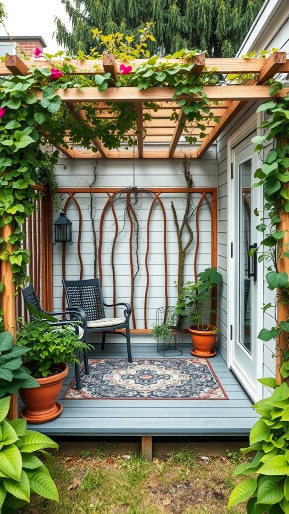 A small back porch featuring a wooden trellis with climbing plants, potted greenery, and cozy seating.