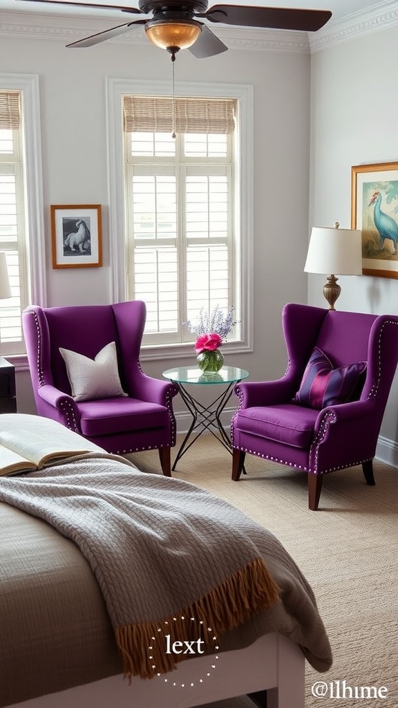 Two purple accent chairs in a cozy bedroom nook with a small glass table.