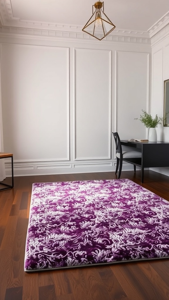 A purple area rug on dark wooden flooring in a stylish bedroom setting.