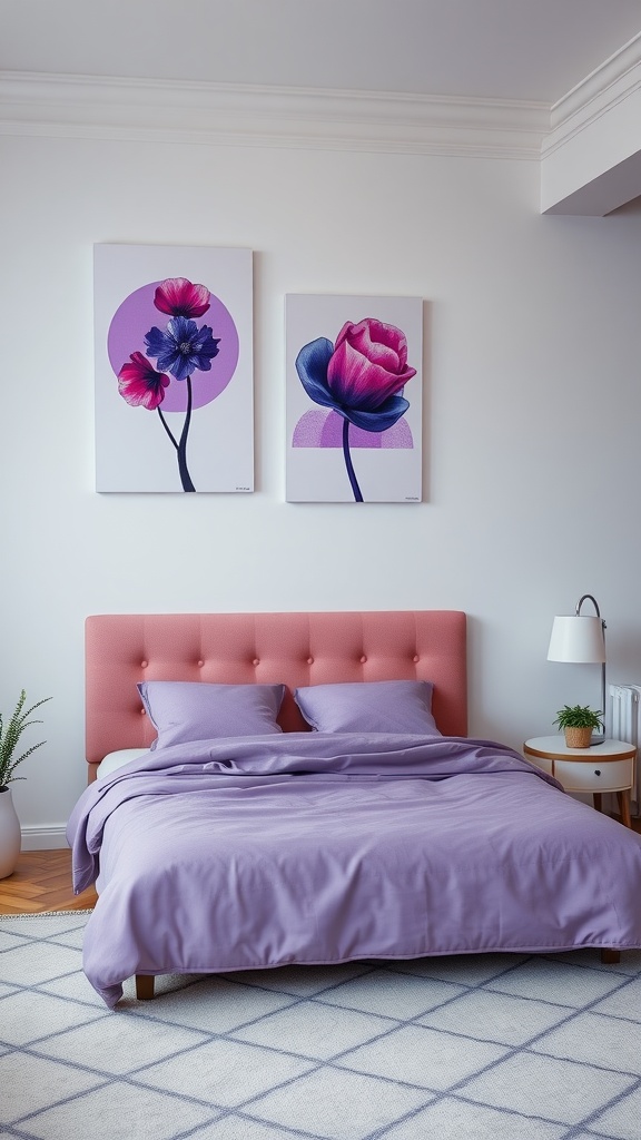 A cozy purple bedroom featuring floral artwork on the walls, a pink headboard, and a purple duvet.