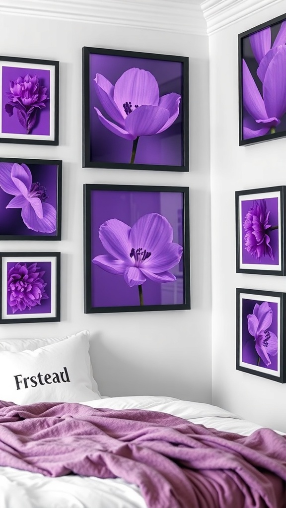 A bedroom featuring purple floral artwork in black frames on a white wall, with a purple blanket on the bed.