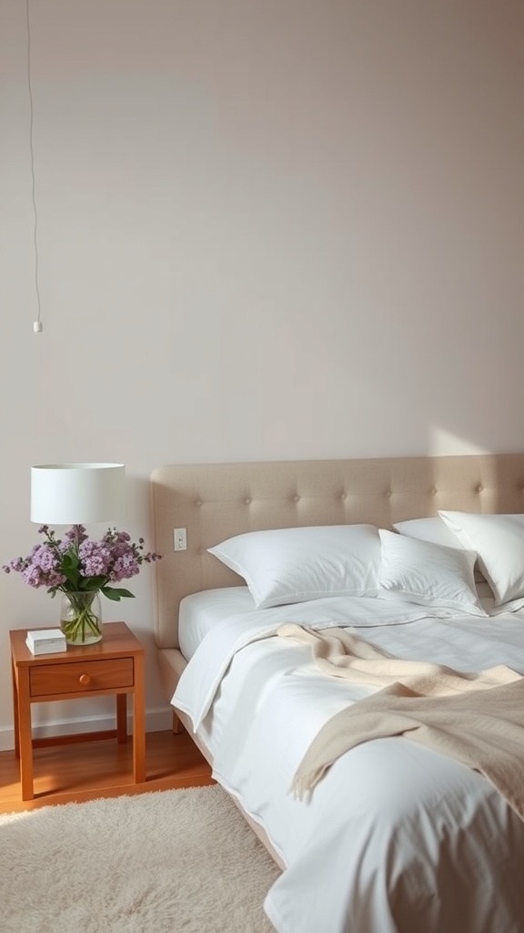 A cozy bedroom featuring a bed with white linens, a bedside table with a vase of purple flowers, and a warm atmosphere.