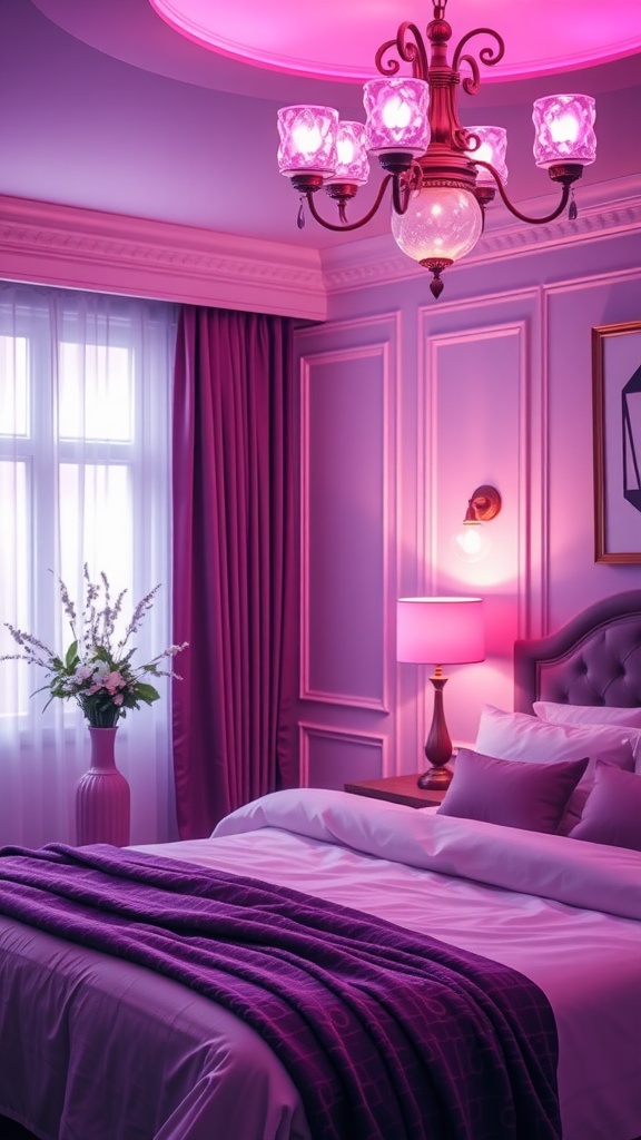 A beautifully decorated purple bedroom featuring a chandelier with purple shades, purple curtains, and a cozy bed.