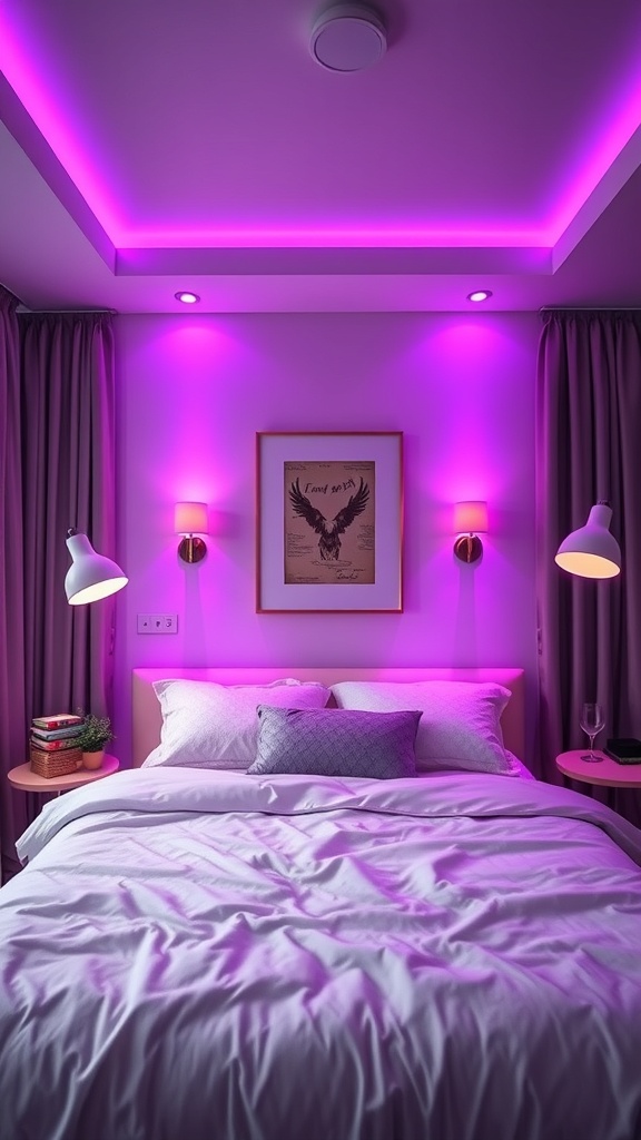 A cozy bedroom with purple lighting fixtures, featuring a bed with white linens and purple accents.