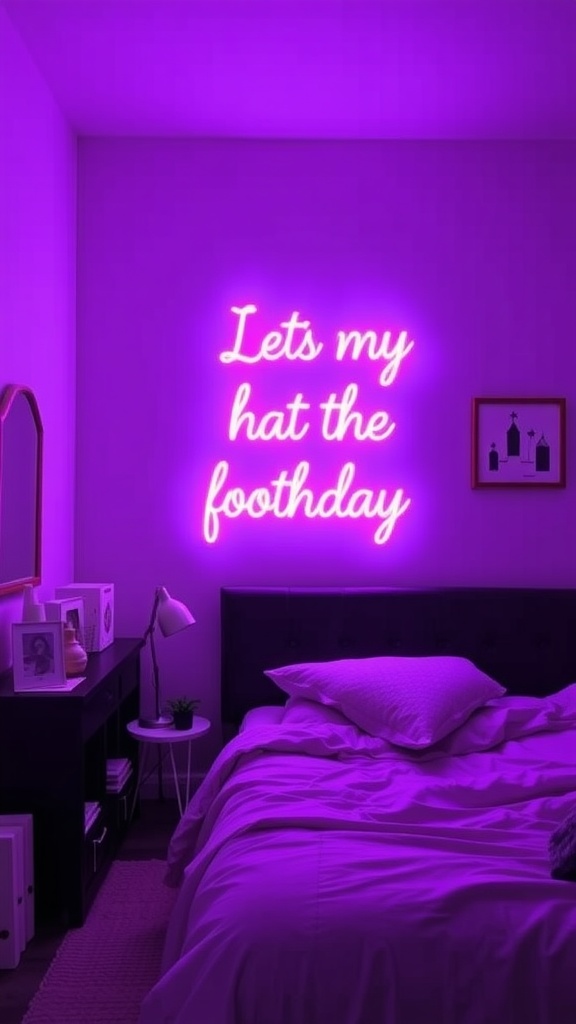 A purple neon sign in a bedroom with purple walls and bedding, creating a fun and inviting atmosphere.