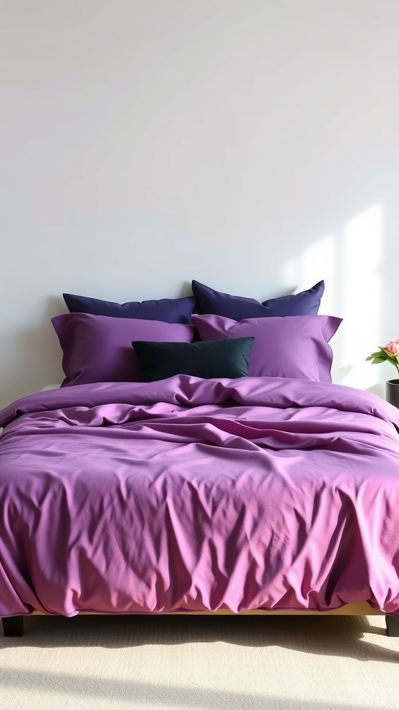 Purple ombre bedding with dark pillows on a bed