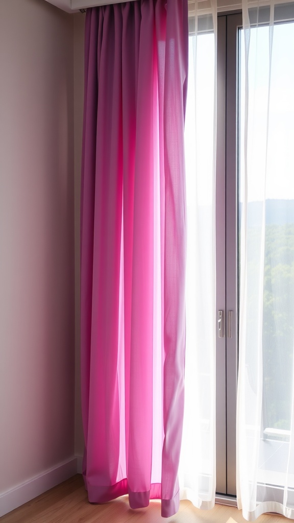 Purple ombre curtains hanging in a bright room