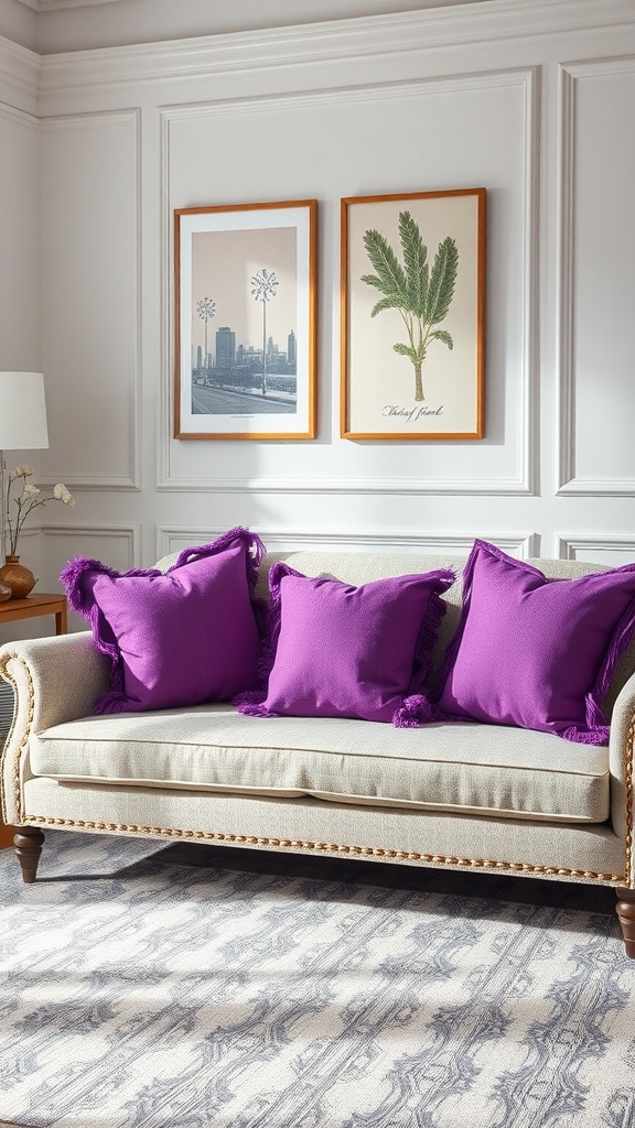 A neutral sofa adorned with purple throw pillows, complemented by wall art.