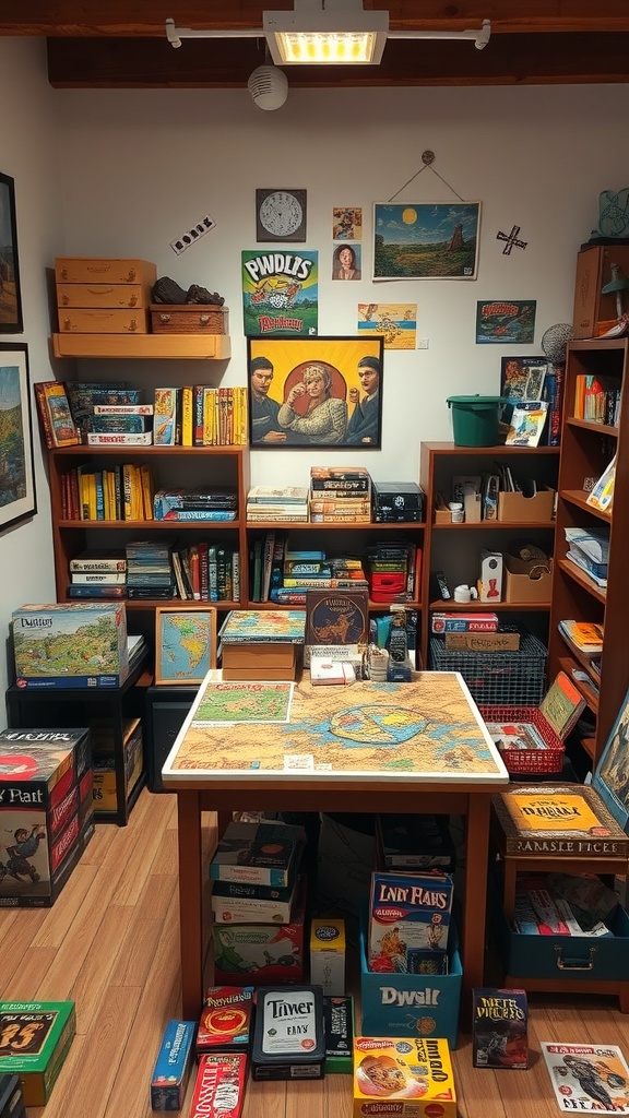 A cozy hobby room featuring a table with a colorful map, surrounded by shelves filled with board games and puzzles.