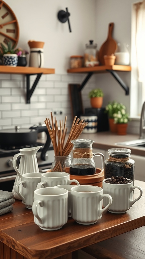 A quaint coffee station featuring white mugs, a glass coffee pot, and decorative elements in a farmhouse kitchen.