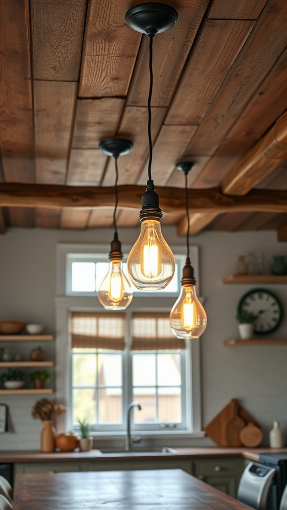 Three pendant lights hanging from a wooden ceiling in a cozy farmhouse kitchen