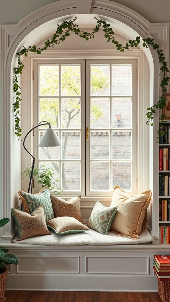 A cozy reading nook by a window with plush pillows and plants.