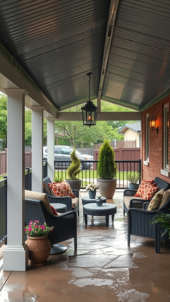 Cozy covered patio with seating and rain protection features