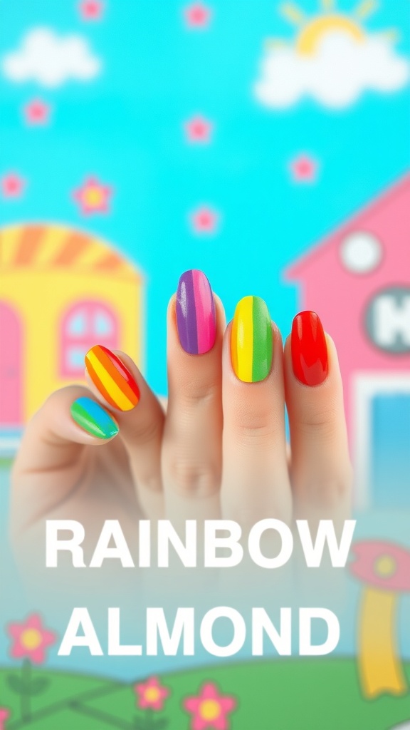 Colorful rainbow almond nails with a playful background
