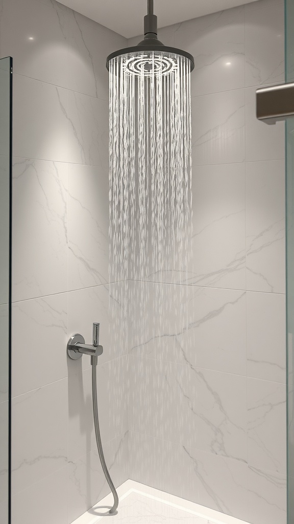 A modern rainfall showerhead with cascading water in a stylish bathroom.