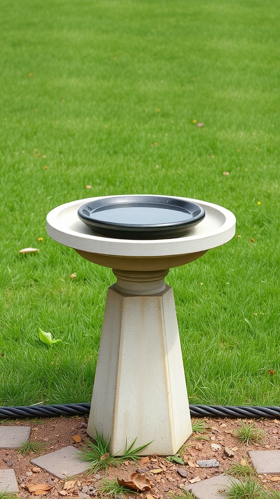 A raised concrete bird bath with a black basin, set on a green lawn.