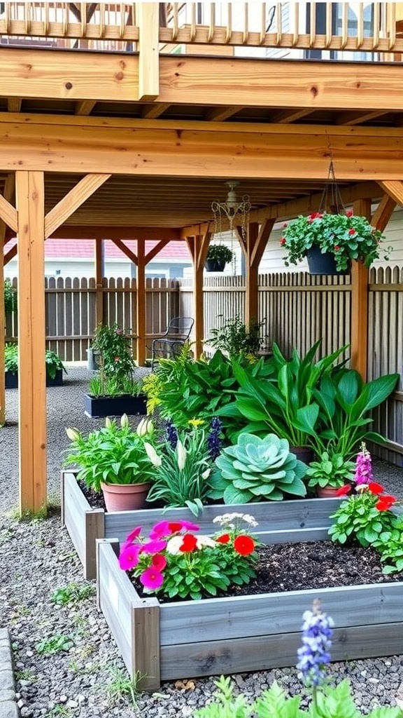 Colorful raised garden beds filled with various plants and flowers under a wooden deck.