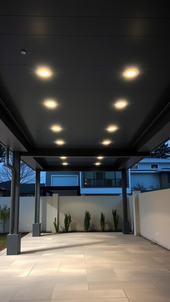 A covered patio with recessed lighting in the ceiling, showcasing a modern design.
