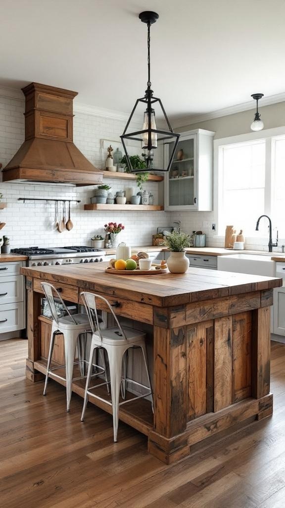 A rustic kitchen with a reclaimed wood island, metal stools, and a cozy atmosphere.