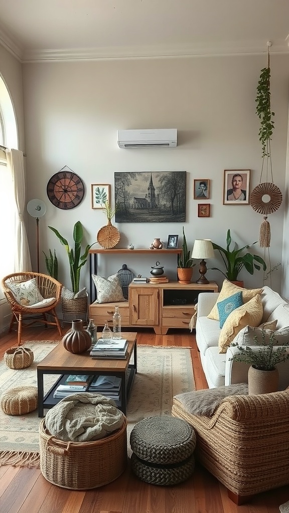 A cozy living room featuring recycled decor elements, including woven baskets, wooden furniture, and plants.