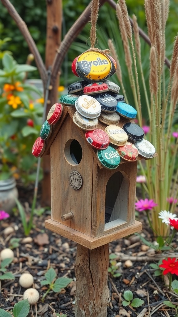 A birdhouse made of wood with colorful bottle caps on the roof, set in a garden