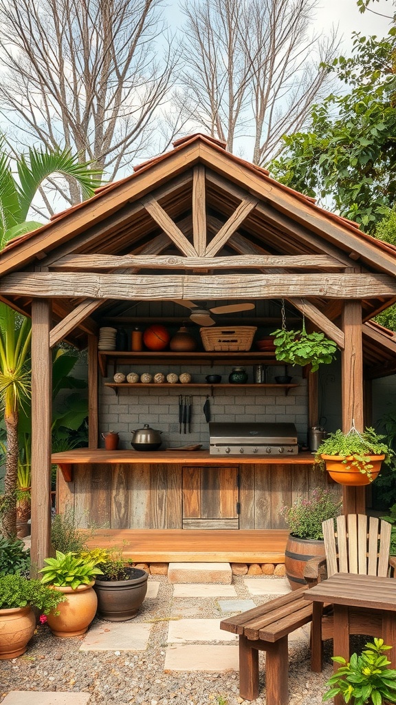 Outdoor kitchen shelter with recycled metal roof and rustic wooden structure surrounded by plants.