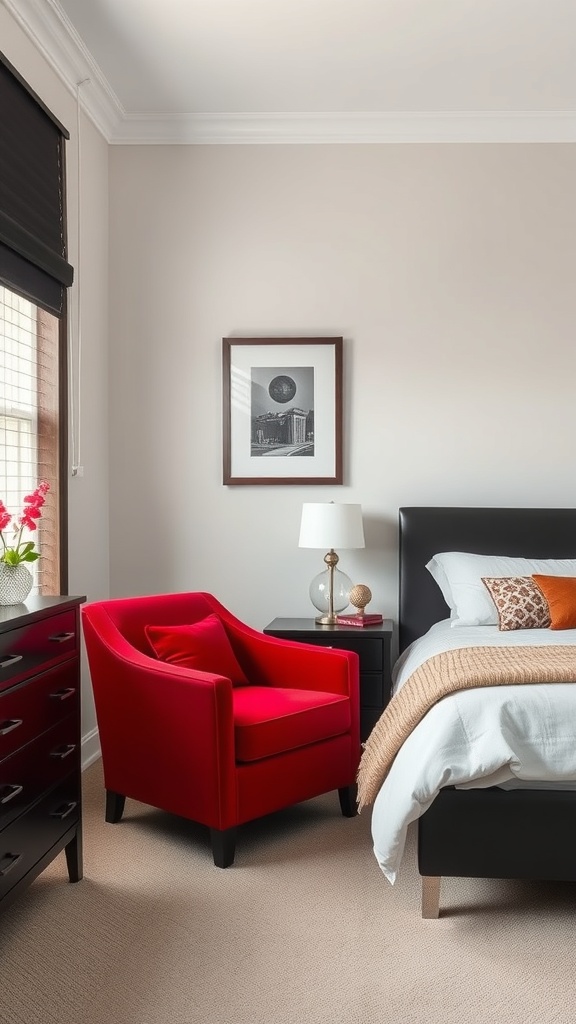 A stylish bedroom featuring a red accent chair, black bed frame, and neutral walls.