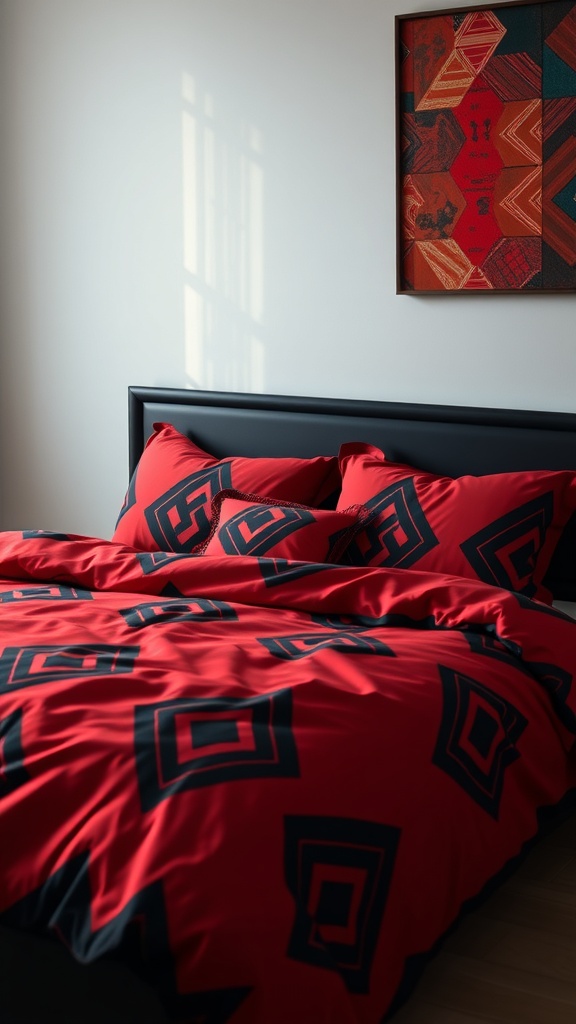 A bed with red bedding featuring black geometric patterns, complemented by a colorful wall art piece.