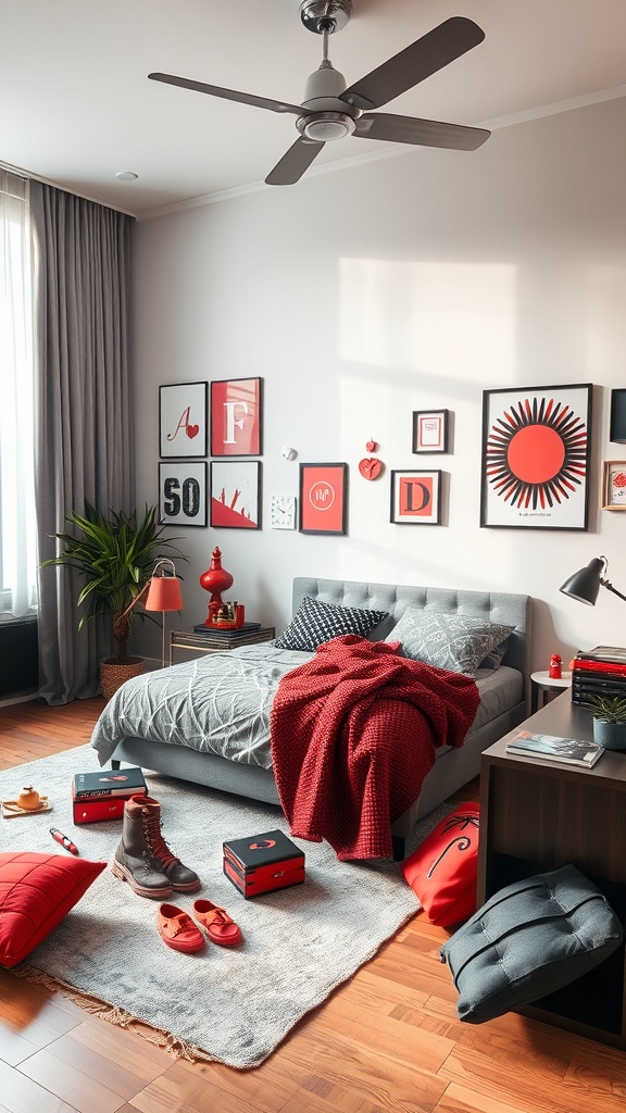 A stylish red and black themed bedroom with cozy accessories and artwork.