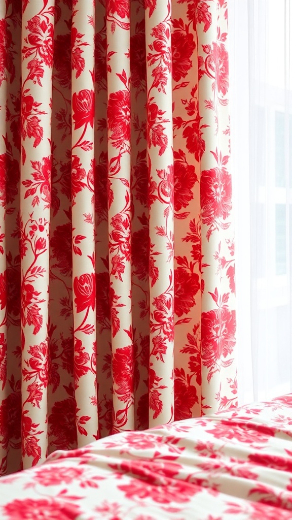 Red floral patterned curtains and bedding in a bedroom