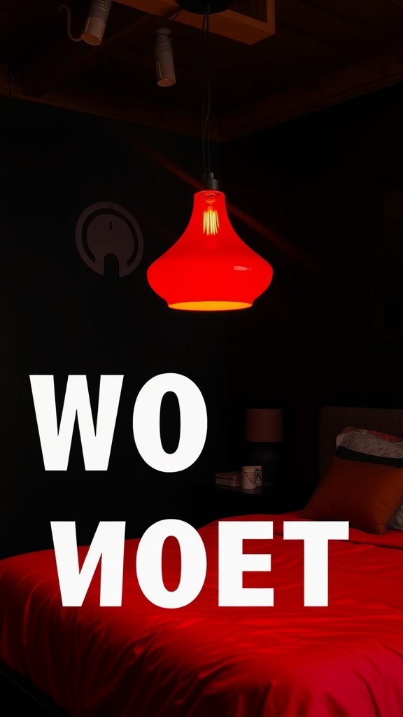 A red pendant light hanging over a bed with red bedding in a dark bedroom