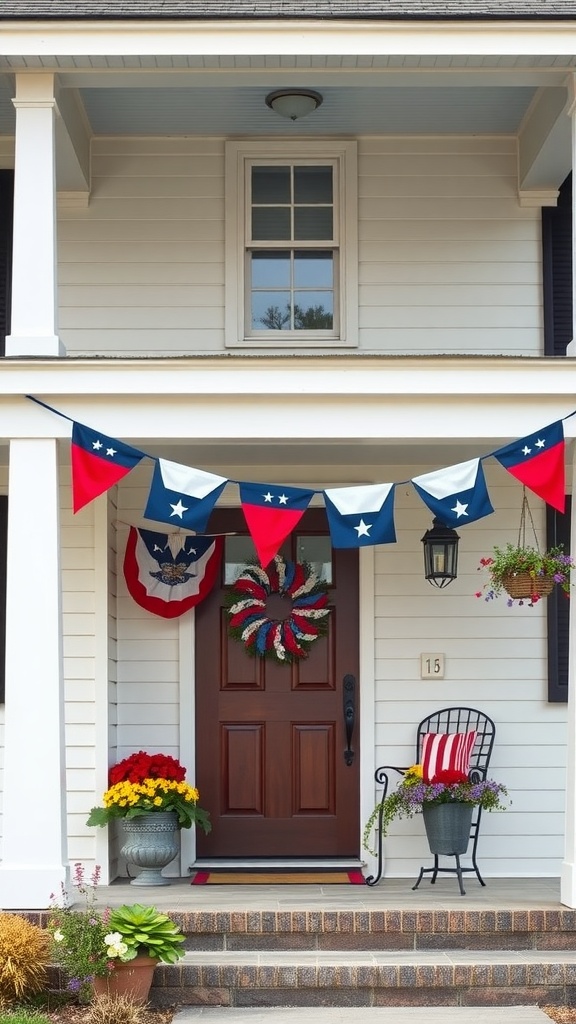 A front porch decorated with red, white, and blue bunting, showcasing a patriotic theme.