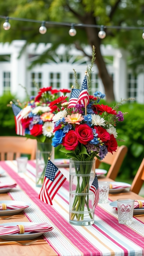 A festive outdoor table setting for the Fourth of July with red, white, and blue centerpieces featuring flowers and small American flags.
