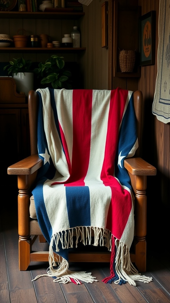 A red, white, and blue throw blanket draped over a wooden chair in a cozy farmhouse setting.