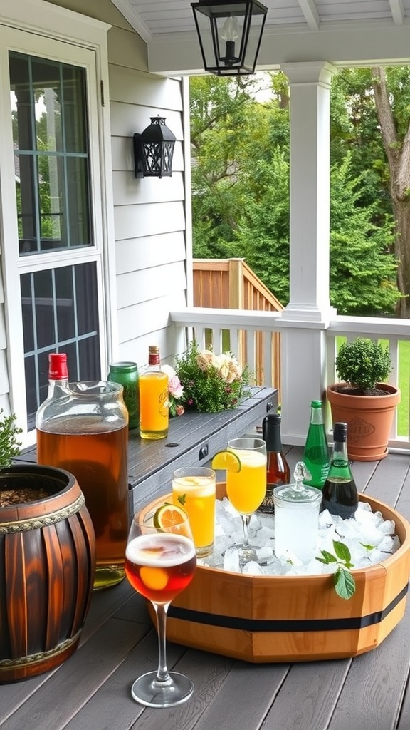 A cozy outdoor beverage station on a back porch with various drinks in a wooden tub, surrounded by potted plants.