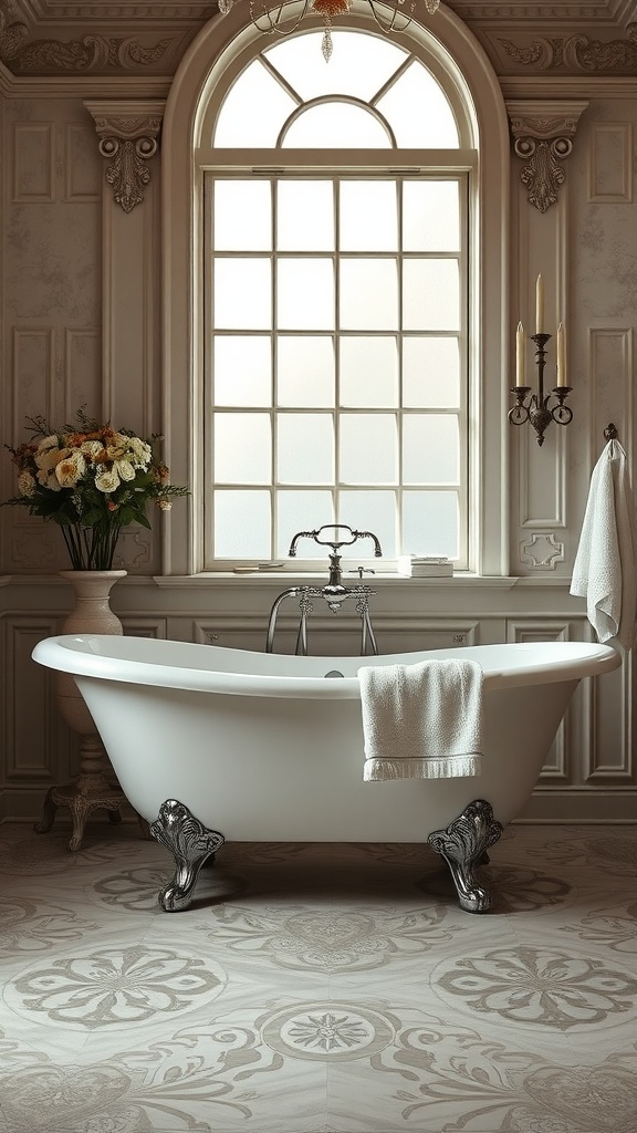 A luxurious freestanding bathtub with ornate claw feet, set in a vintage-style bathroom with a large window and elegant decor.