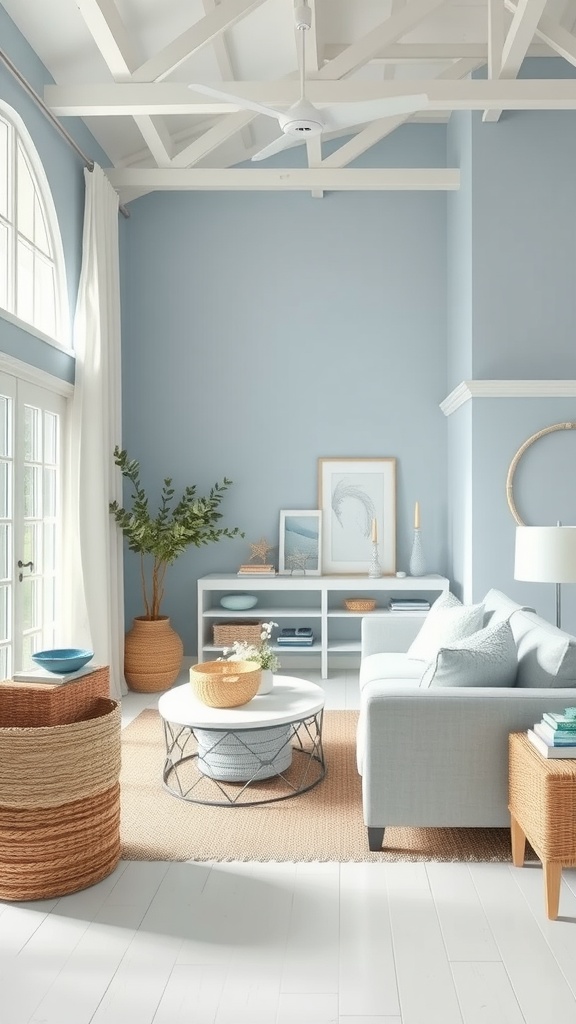 Cozy living room with light blue walls, gray couch, and natural decor elements