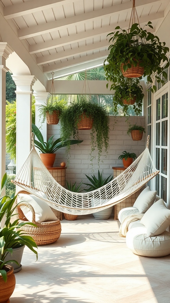 A cozy hammock corner with hanging plants and comfortable seating in a covered patio.