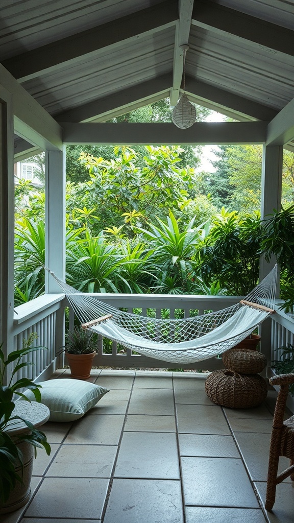 A cozy hammock corner on a covered patio surrounded by greenery.