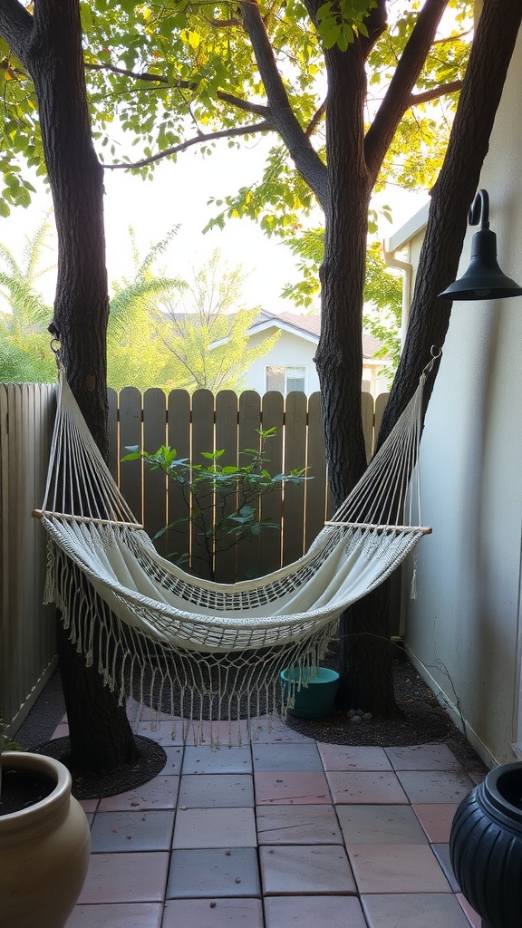 A cozy hammock set up between two trees in a back patio, surrounded by greenery and potted plants.
